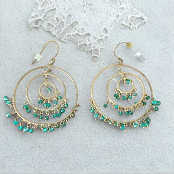 Vintage Brass and Faux Turquoise Hoop Earrings - Picture 1 of 9